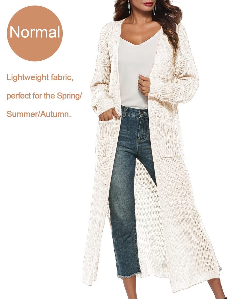 Kistore Womens Long Maxi Cardigan Open Front Cardigan Slit Sweater Casual Loose Elegant Winter Autumn Rib Knitted Coat White-Cream - Image 2